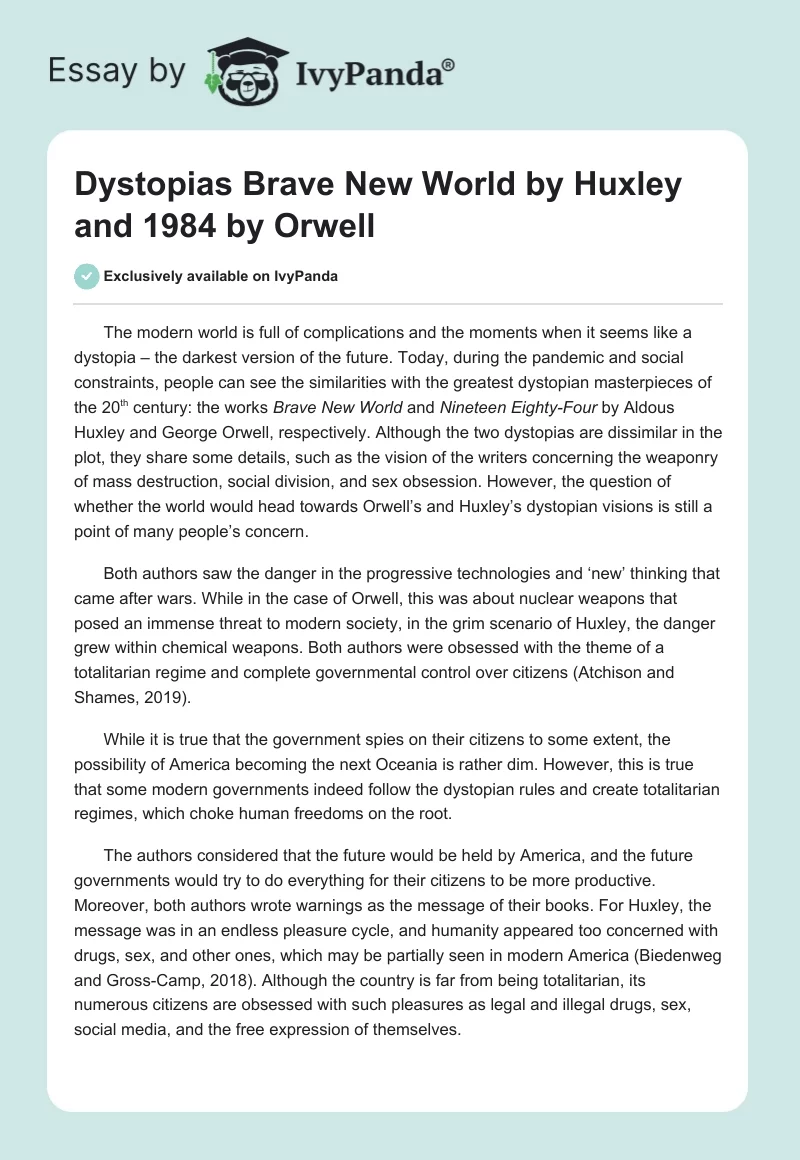 Dystopias "Brave New World" by Huxley and "1984" by Orwell. Page 1