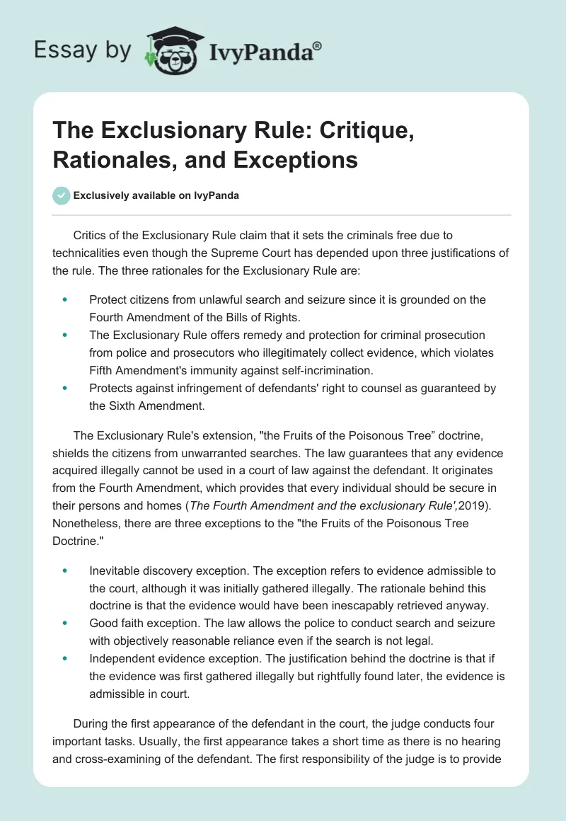 The Exclusionary Rule: Critique, Rationales, and Exceptions. Page 1