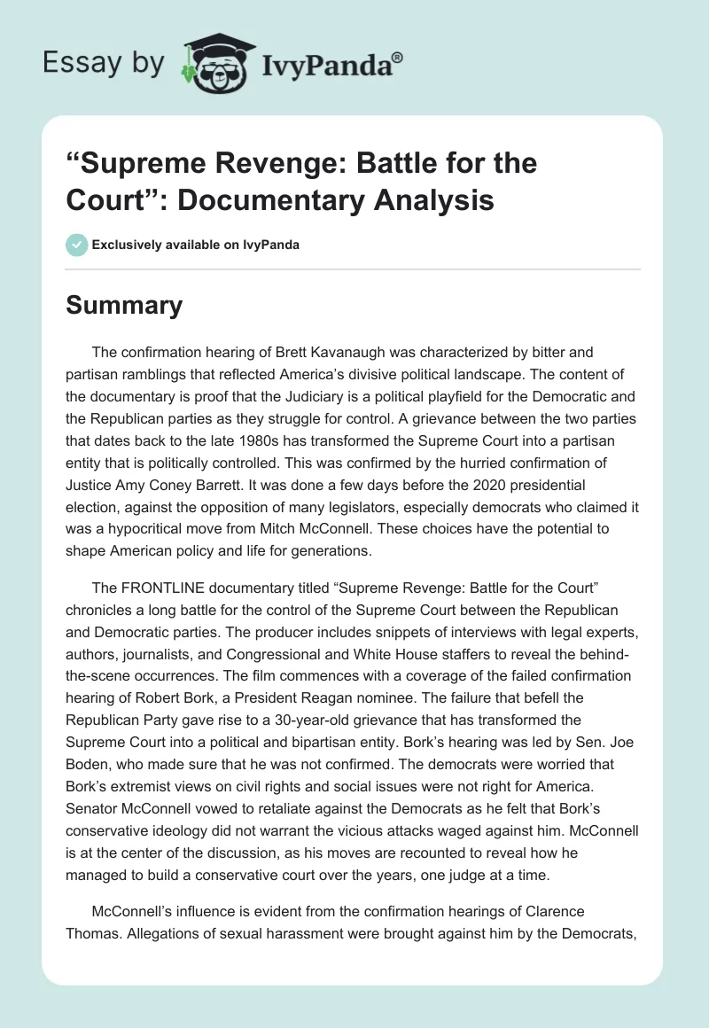 “Supreme Revenge: Battle for the Court”: Documentary Analysis. Page 1