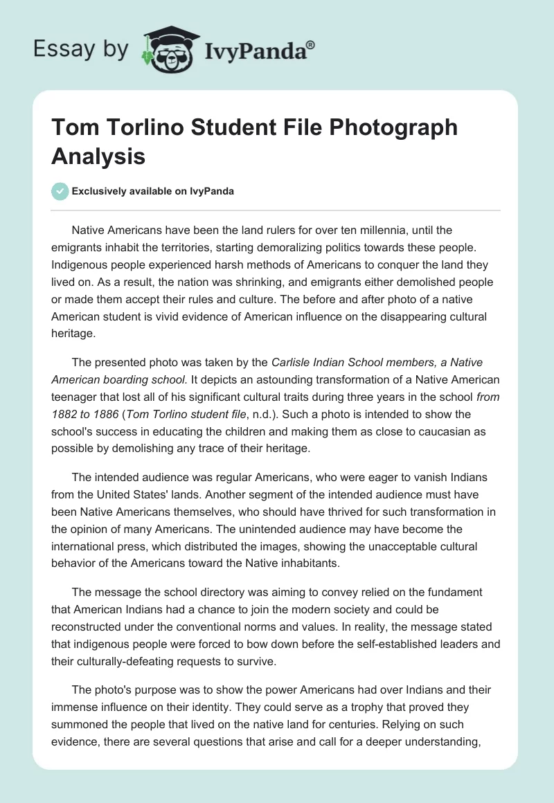"Tom Torlino Student File" Photograph Analysis. Page 1
