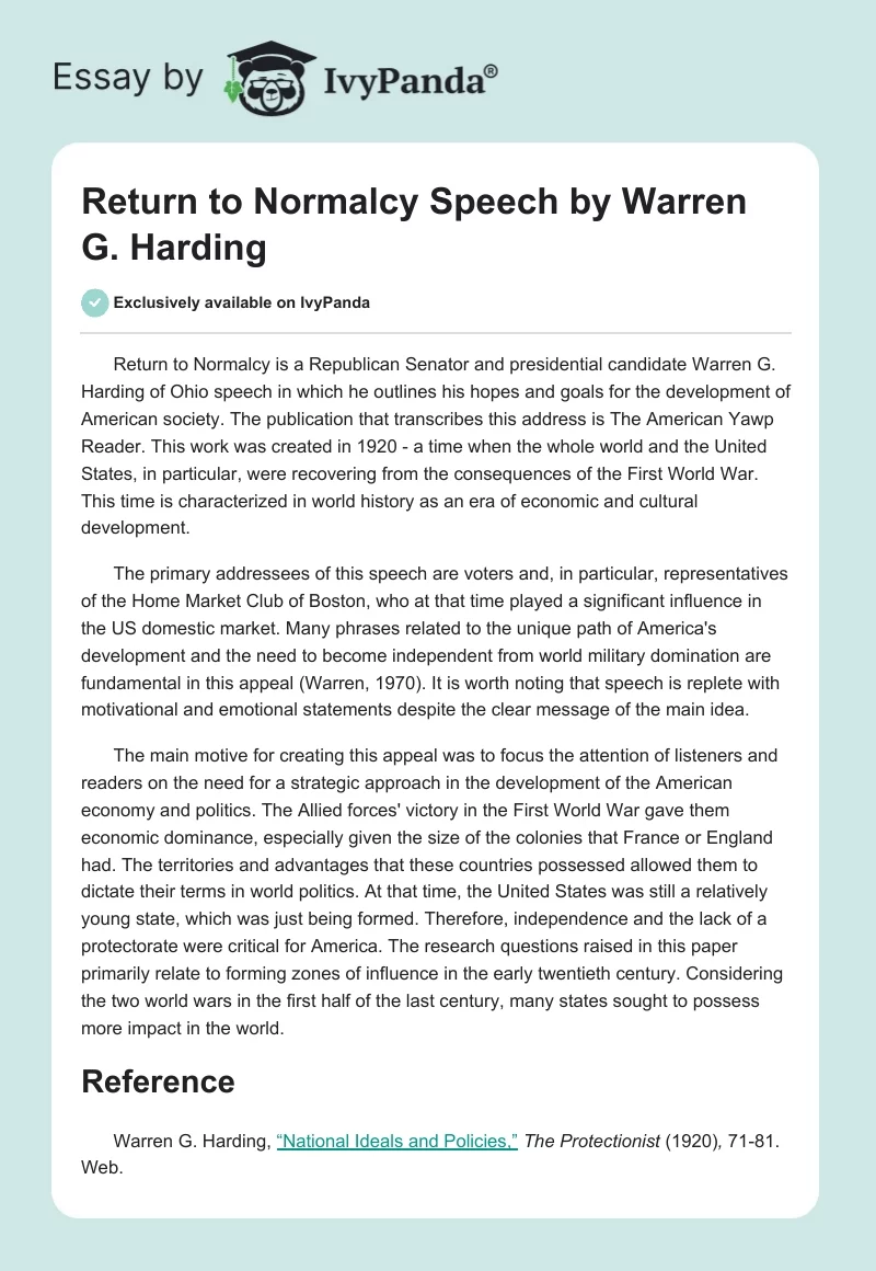 "Return to Normalcy" Speech by Warren G. Harding. Page 1
