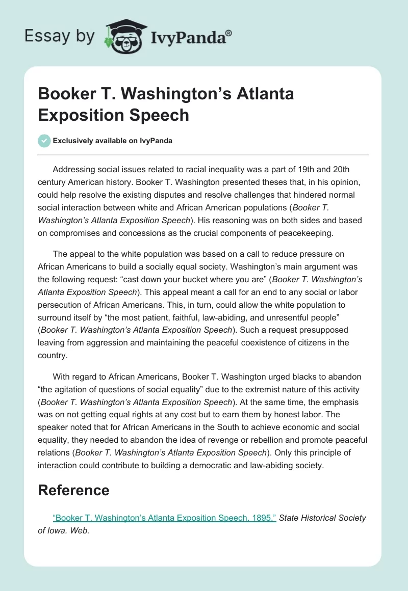 Booker T. Washington’s Atlanta Exposition Speech. Page 1