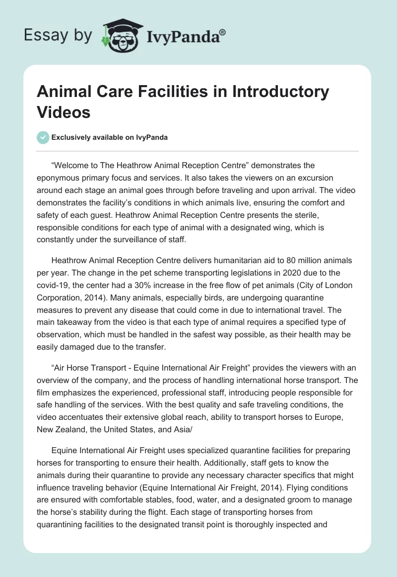 Animal Care Facilities in Introductory Videos. Page 1