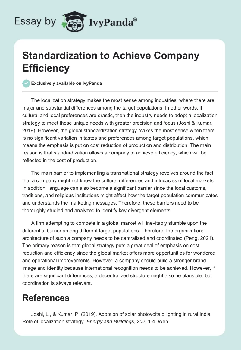 Standardization to Achieve Company Efficiency. Page 1