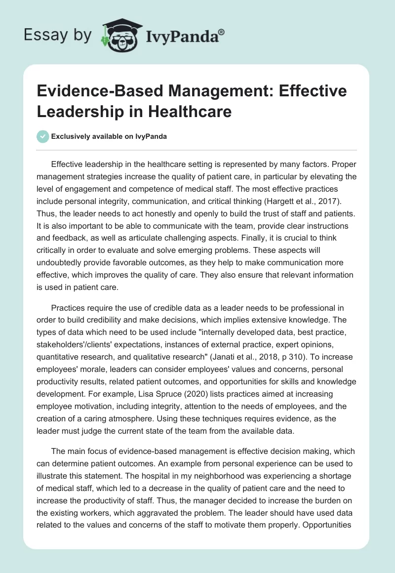 Evidence-Based Management: Effective Leadership in Healthcare. Page 1