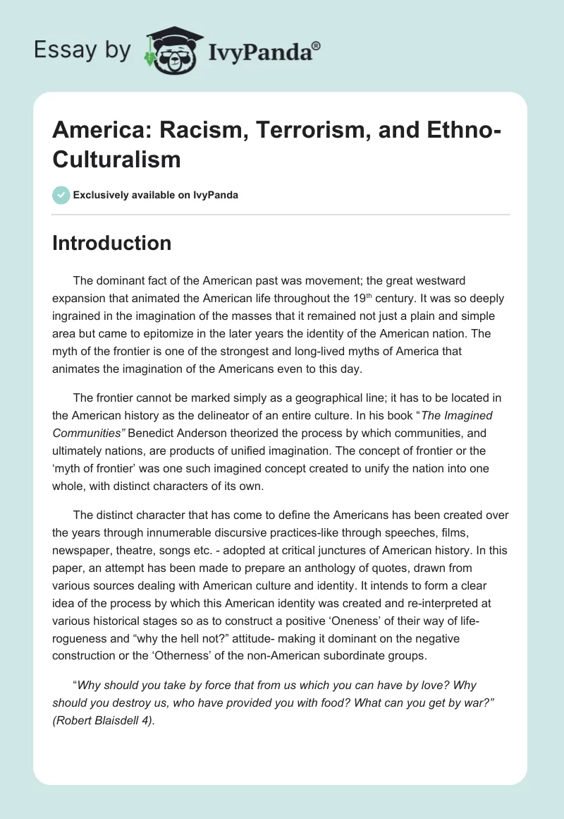 America: Racism, Terrorism, and Ethno-Culturalism. Page 1