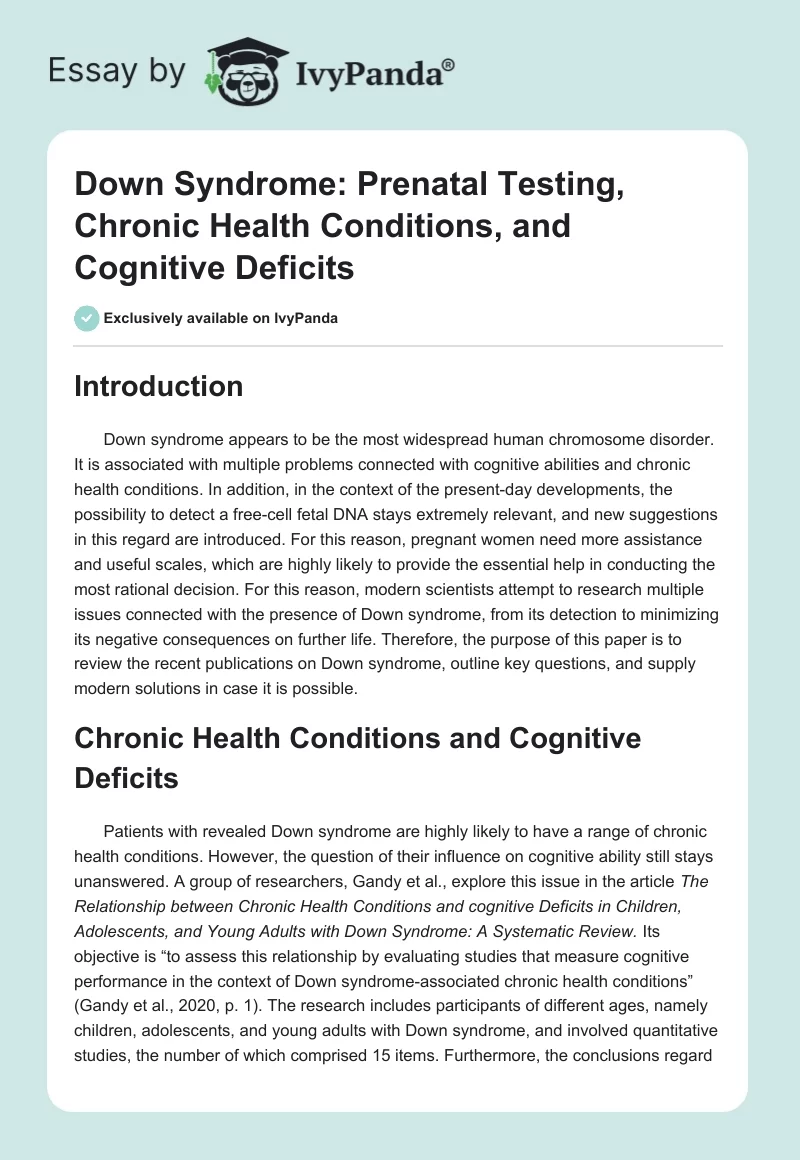 Down Syndrome: Prenatal Testing, Chronic Health Conditions, and Cognitive Deficits. Page 1