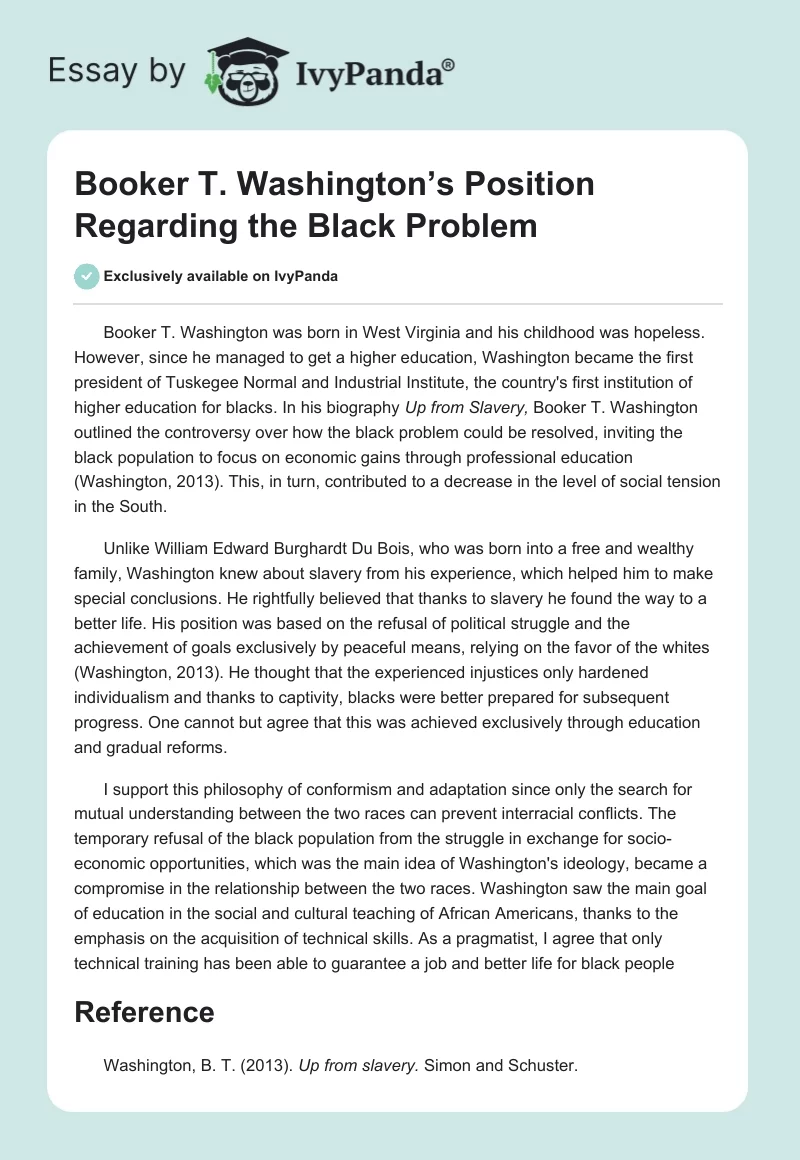 Booker T. Washington’s Position Regarding the Black Problem. Page 1