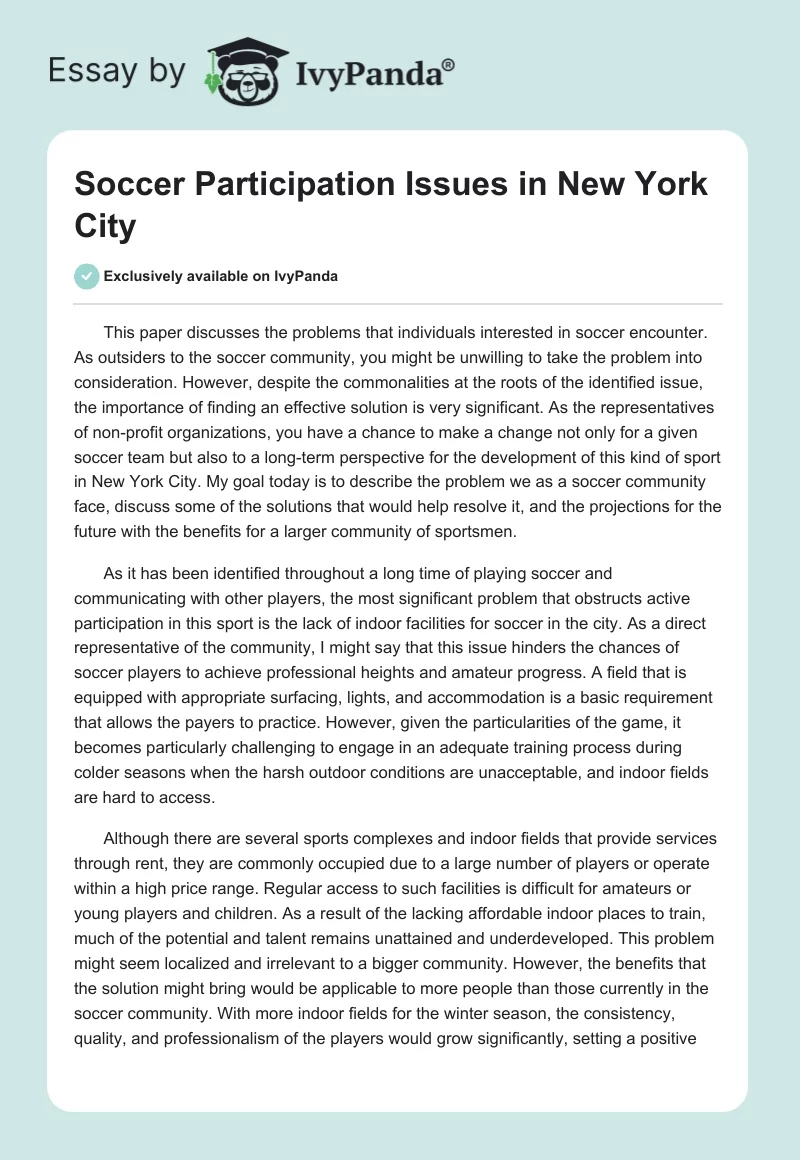 Soccer Participation Issues in New York City. Page 1