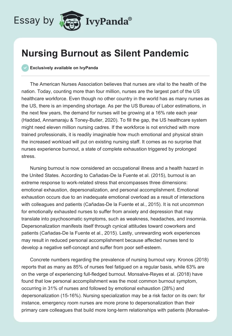 Nursing Burnout as Silent Pandemic. Page 1