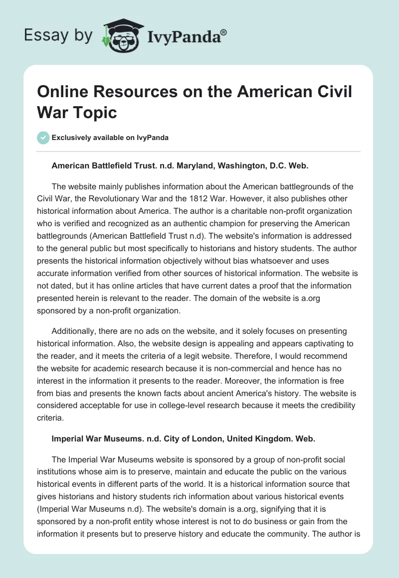 Online Resources on the American Civil War Topic. Page 1