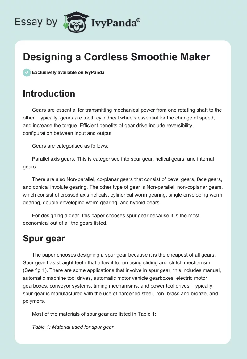 Designing a Cordless Smoothie Maker. Page 1