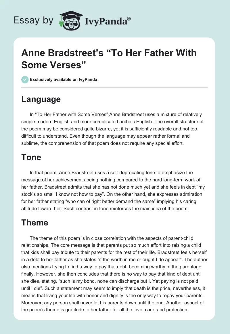 Anne Bradstreet’s “To Her Father With Some Verses”. Page 1