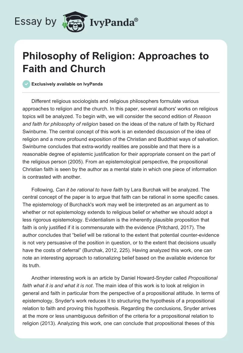 Philosophy of Religion: Approaches to Faith and Church. Page 1