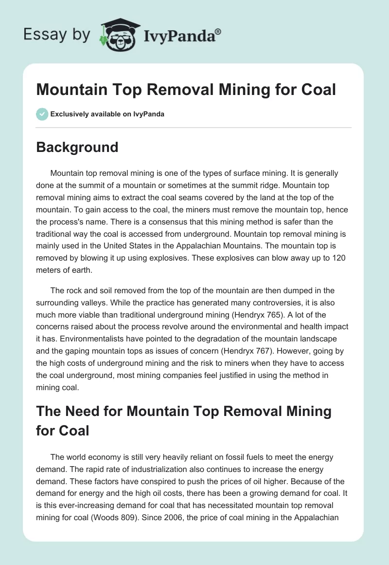 Mountain Top Removal Mining for Coal. Page 1