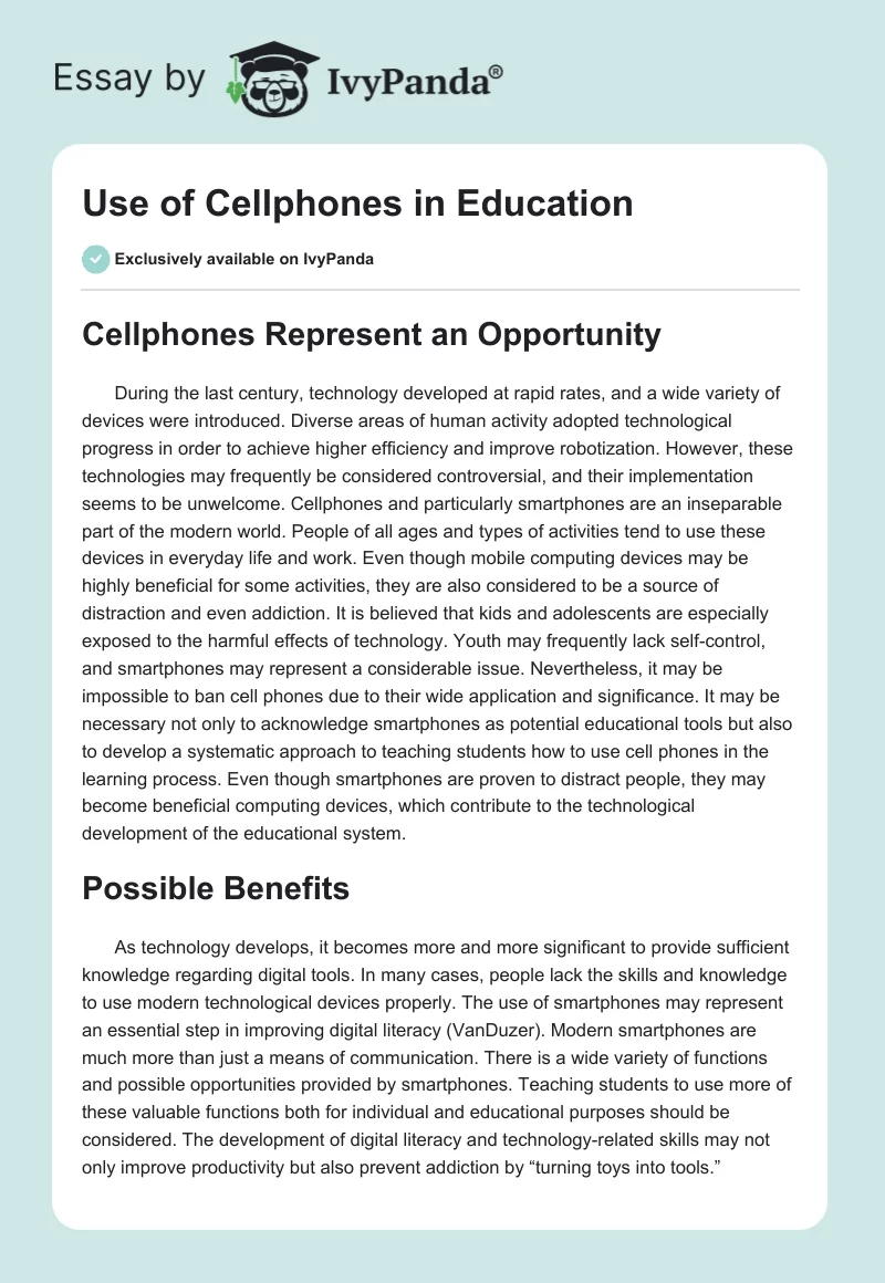 Use of Cellphones in Education. Page 1