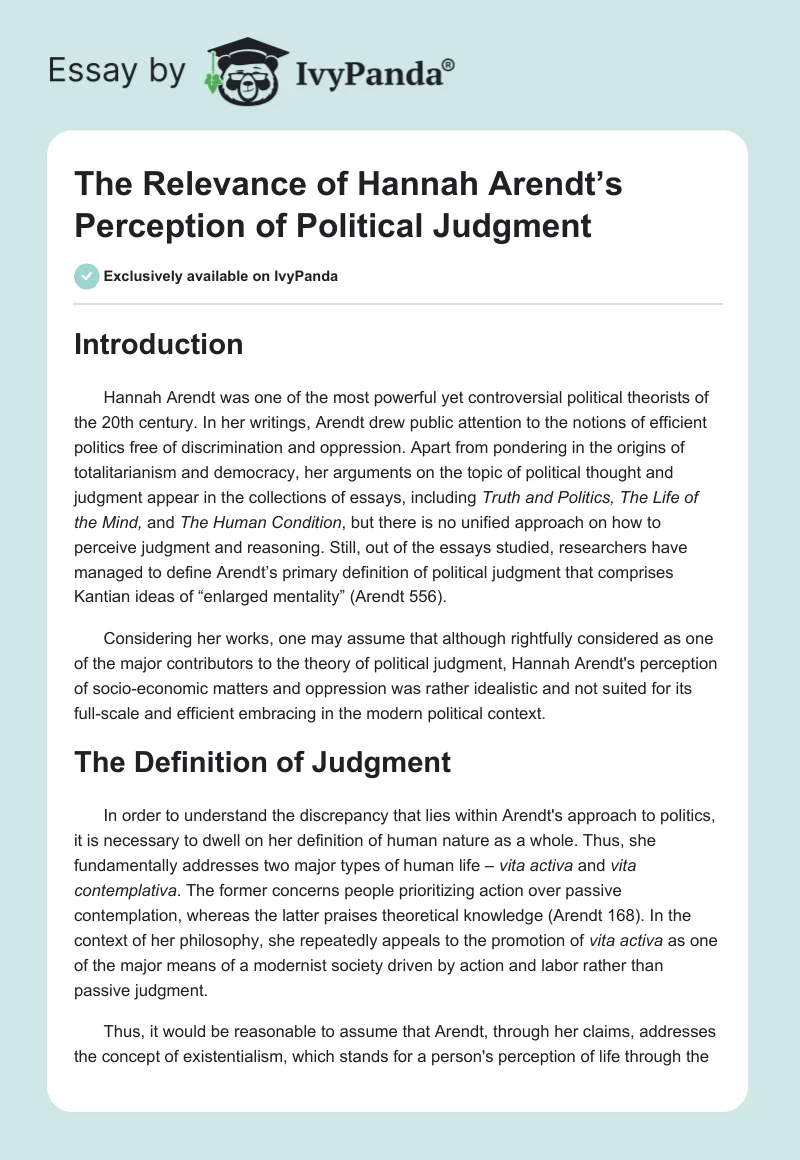 The Relevance of Hannah Arendt’s Perception of Political Judgment. Page 1