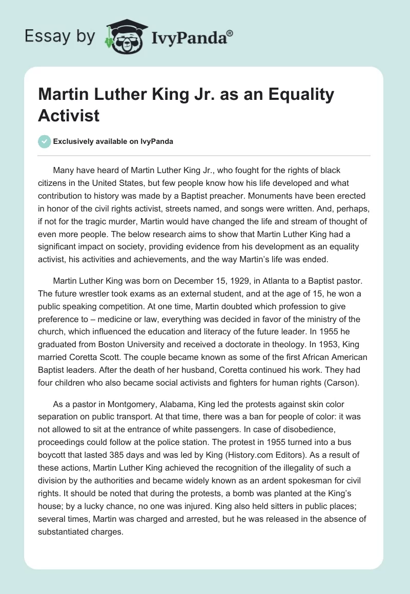 Martin Luther King Jr. as an Equality Activist. Page 1