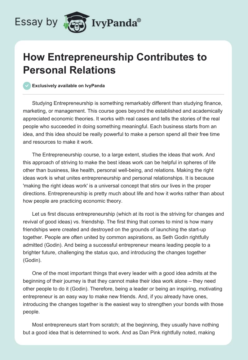 How Entrepreneurship Contributes to Personal Relations. Page 1