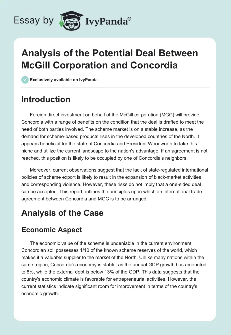 Analysis of the Potential Deal Between McGill Corporation and Concordia. Page 1