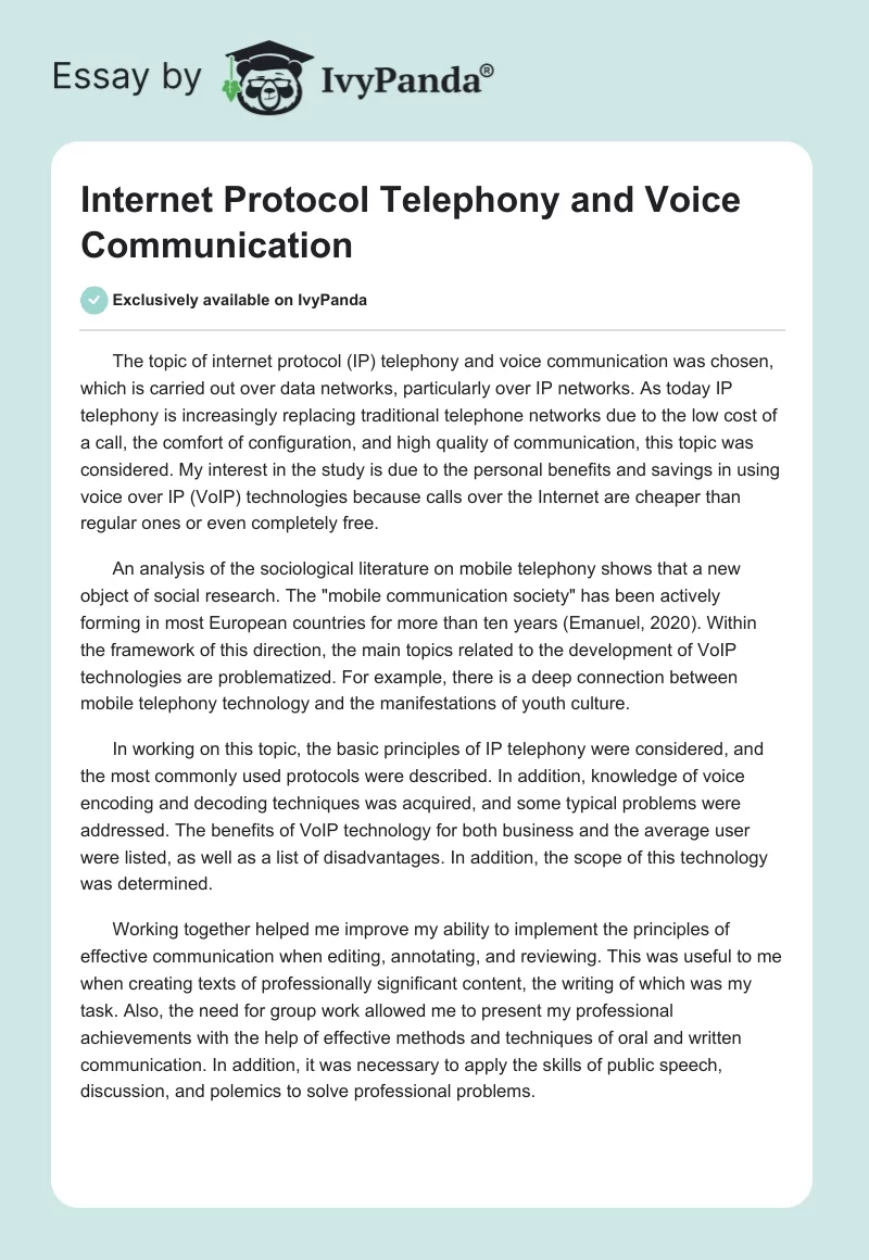 Internet Protocol Telephony and Voice Communication. Page 1