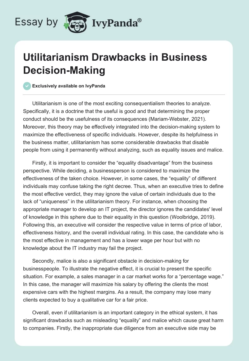 Utilitarianism Drawbacks in Business Decision-Making. Page 1