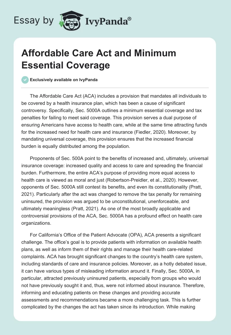 Affordable Care Act and Minimum Essential Coverage. Page 1