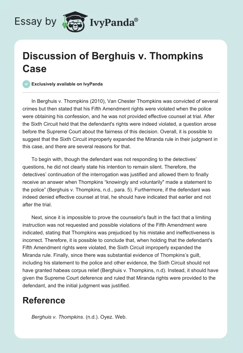Discussion of Berghuis v. Thompkins Case. Page 1