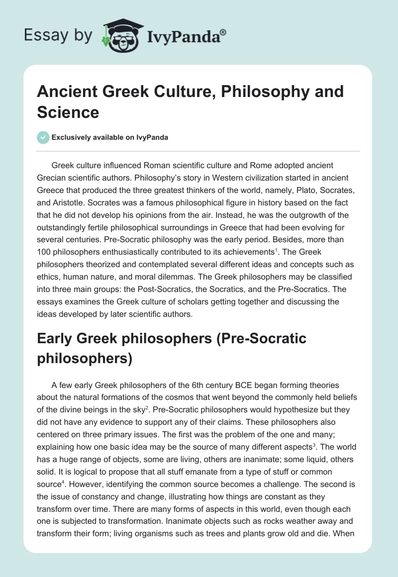 Ancient Greek Culture, Philosophy and Science. Page 1