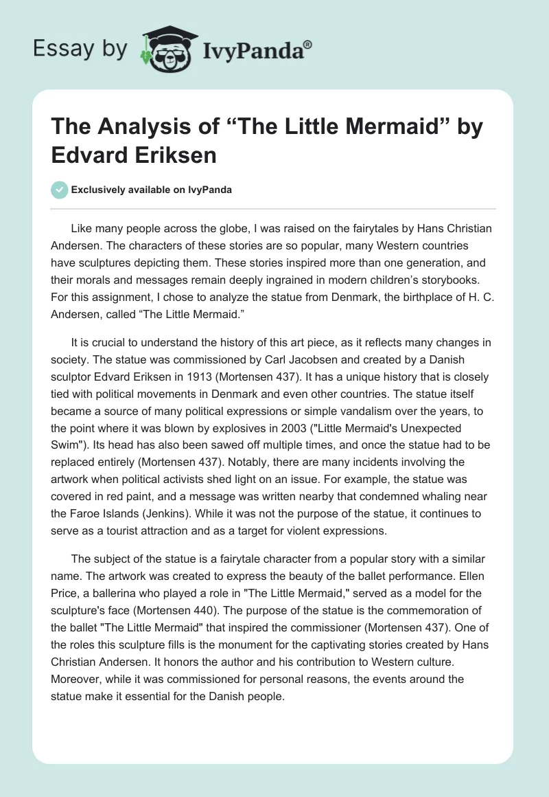 The Analysis of “The Little Mermaid” by Edvard Eriksen. Page 1