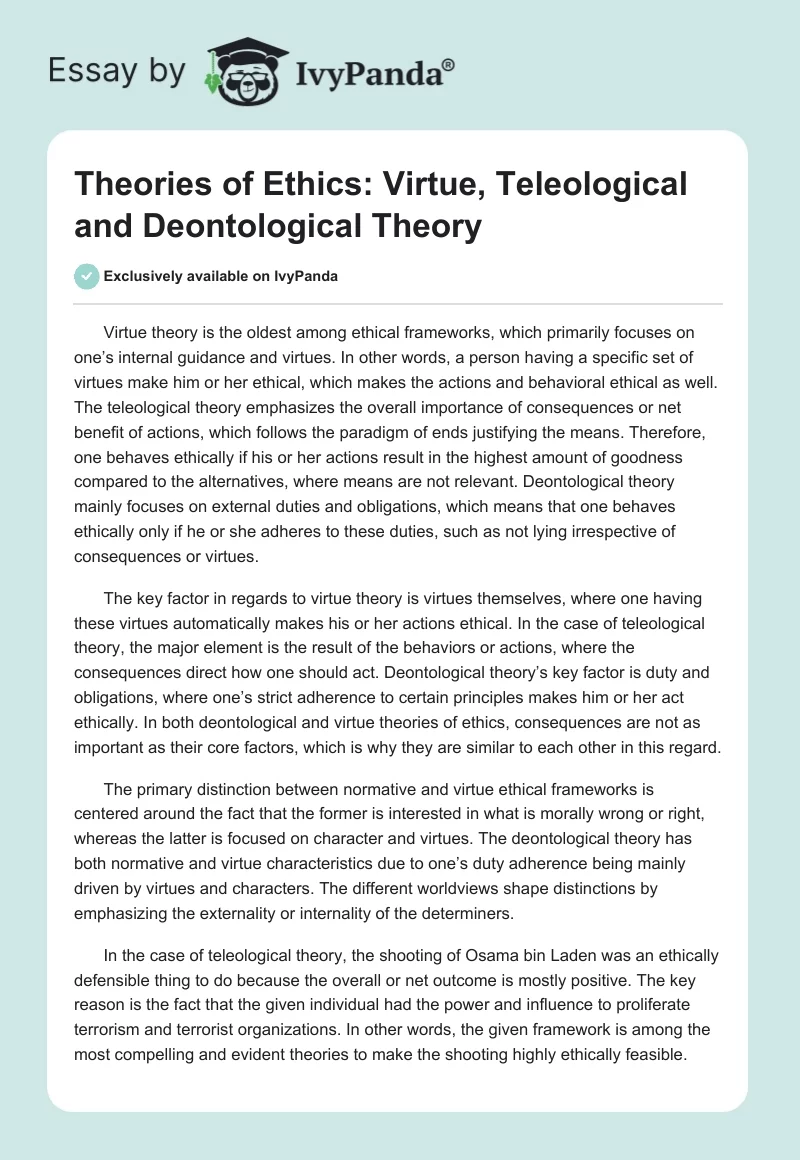 Theories of Ethics: Virtue, Teleological and Deontological Theory. Page 1