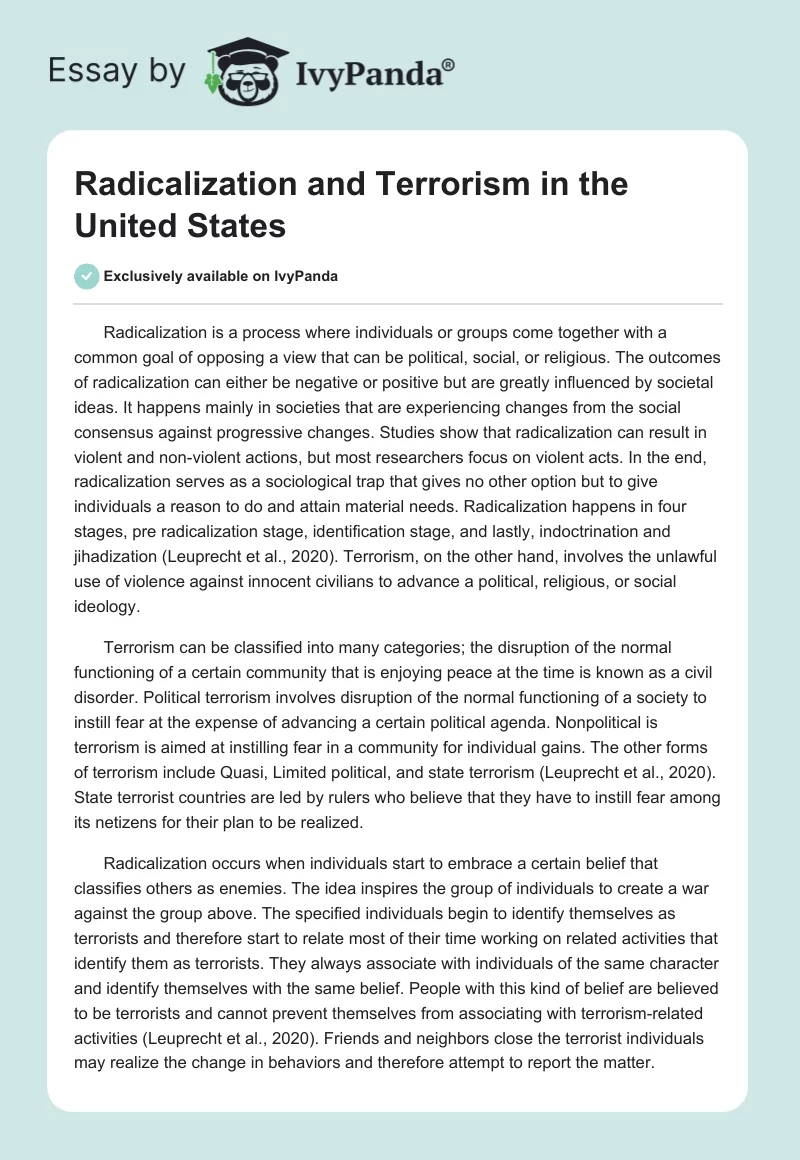 Radicalization and Terrorism in the United States. Page 1
