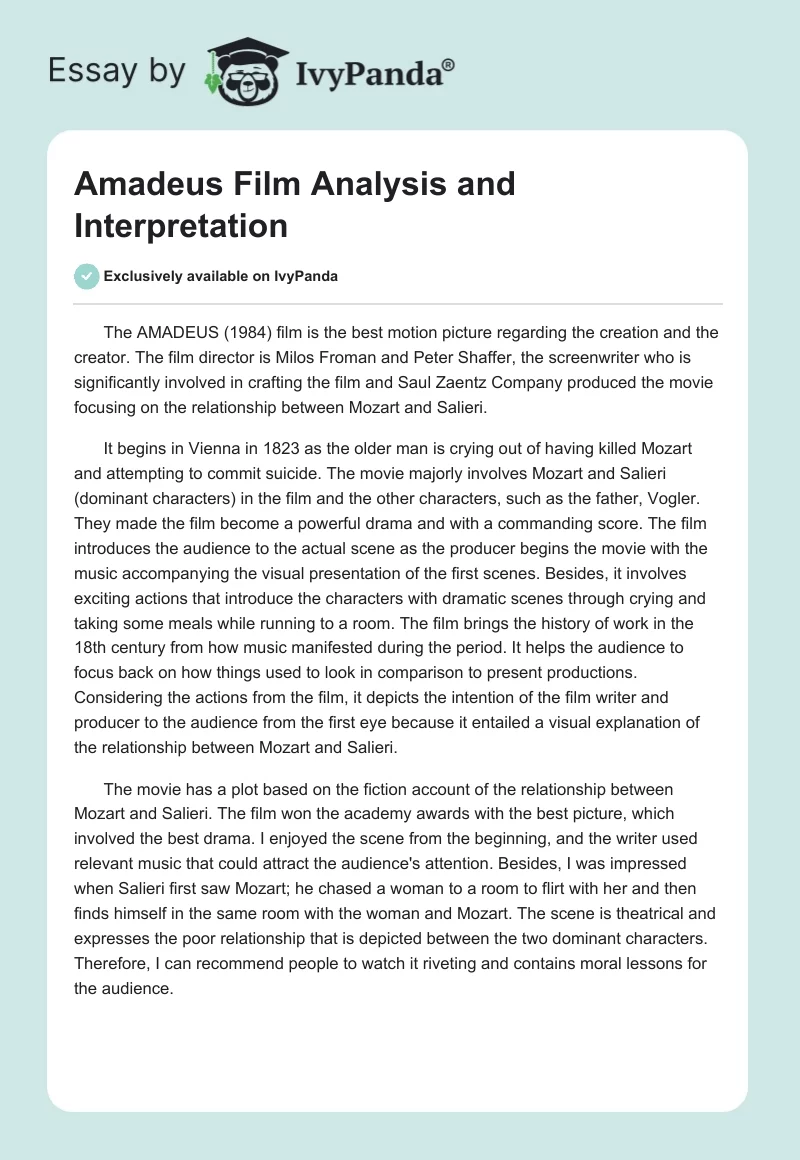"Amadeus" Film Analysis and Interpretation. Page 1