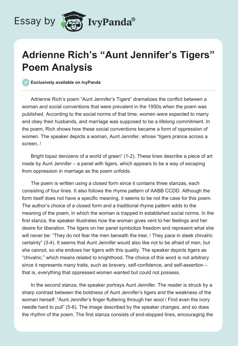 Adrienne Rich’s “Aunt Jennifer’s Tigers” Poem Analysis. Page 1
