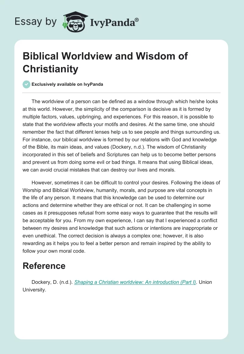 Biblical Worldview and Wisdom of Christianity. Page 1
