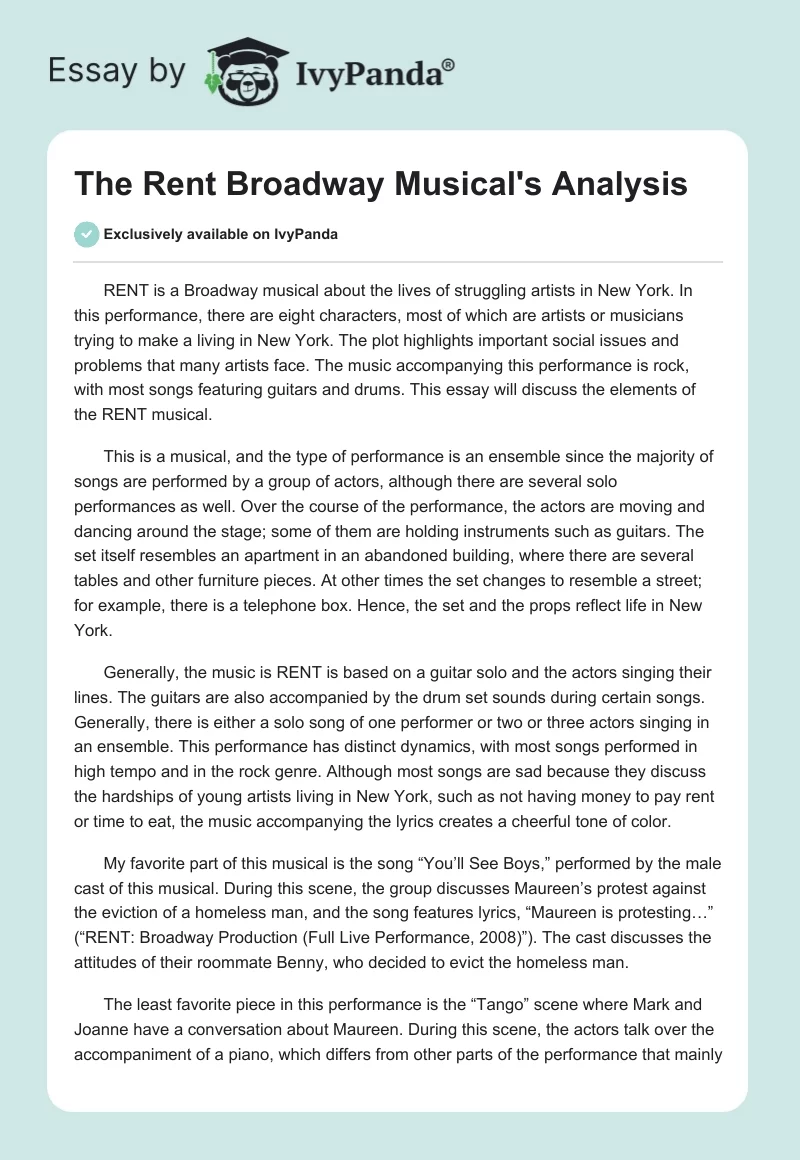 The Rent Broadway Musical's Analysis. Page 1