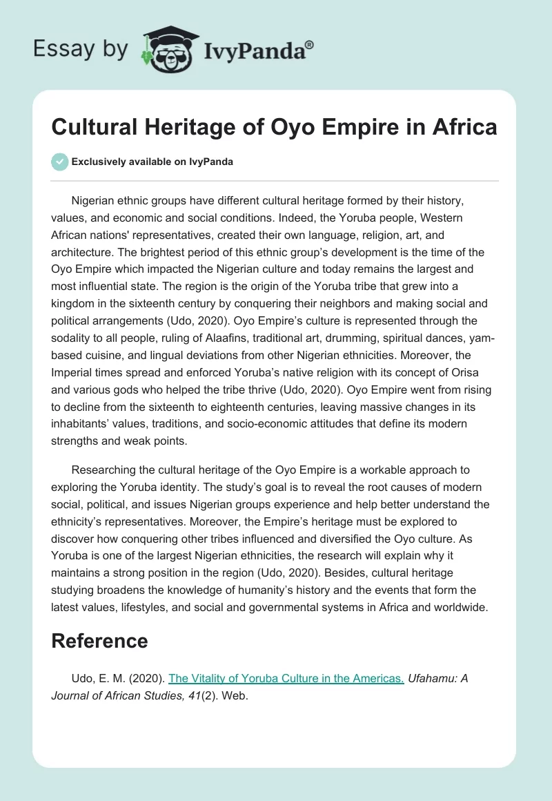 Cultural Heritage of Oyo Empire in Africa. Page 1
