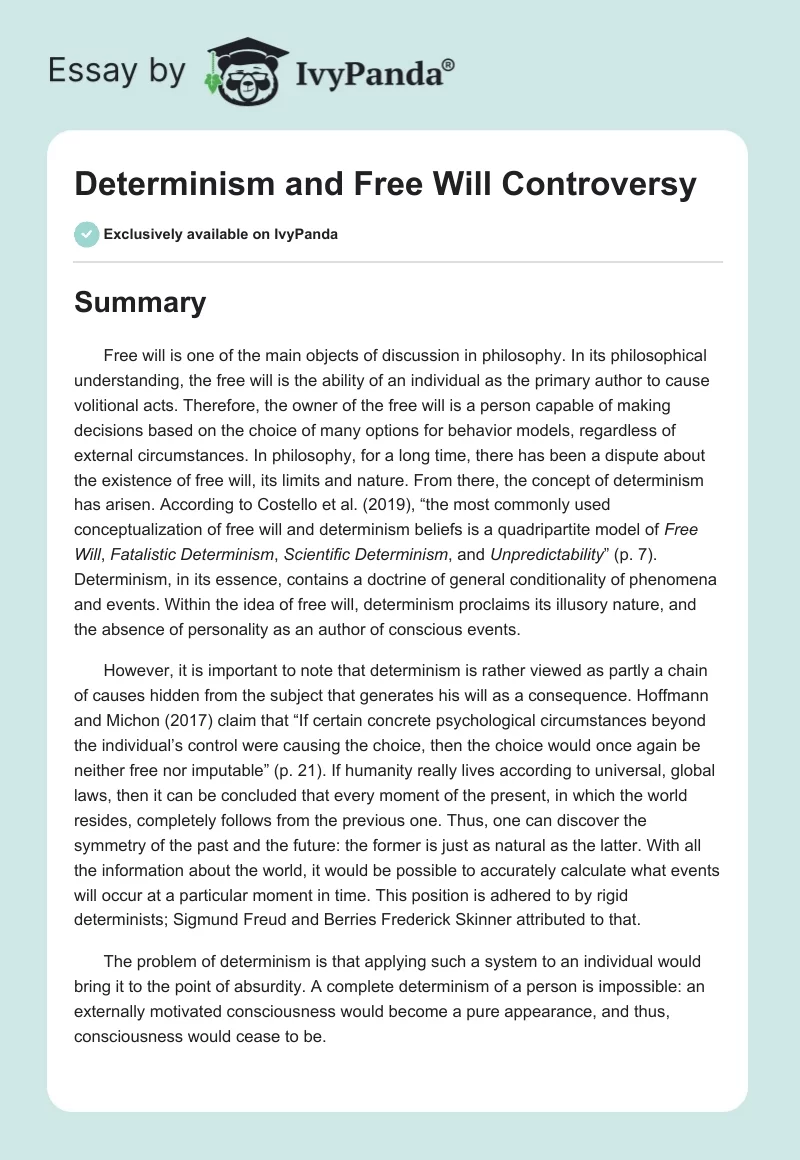 Determinism and Free Will Controversy. Page 1