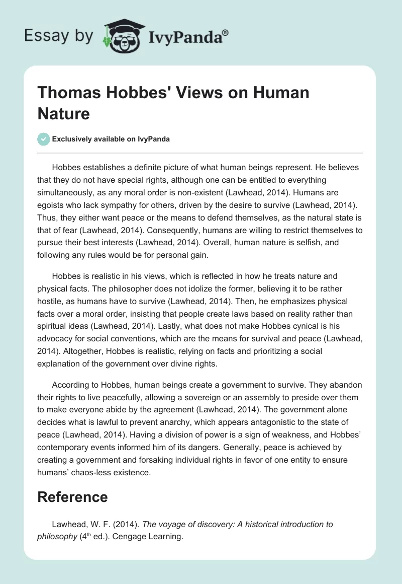 Thomas Hobbes' Views on Human Nature. Page 1
