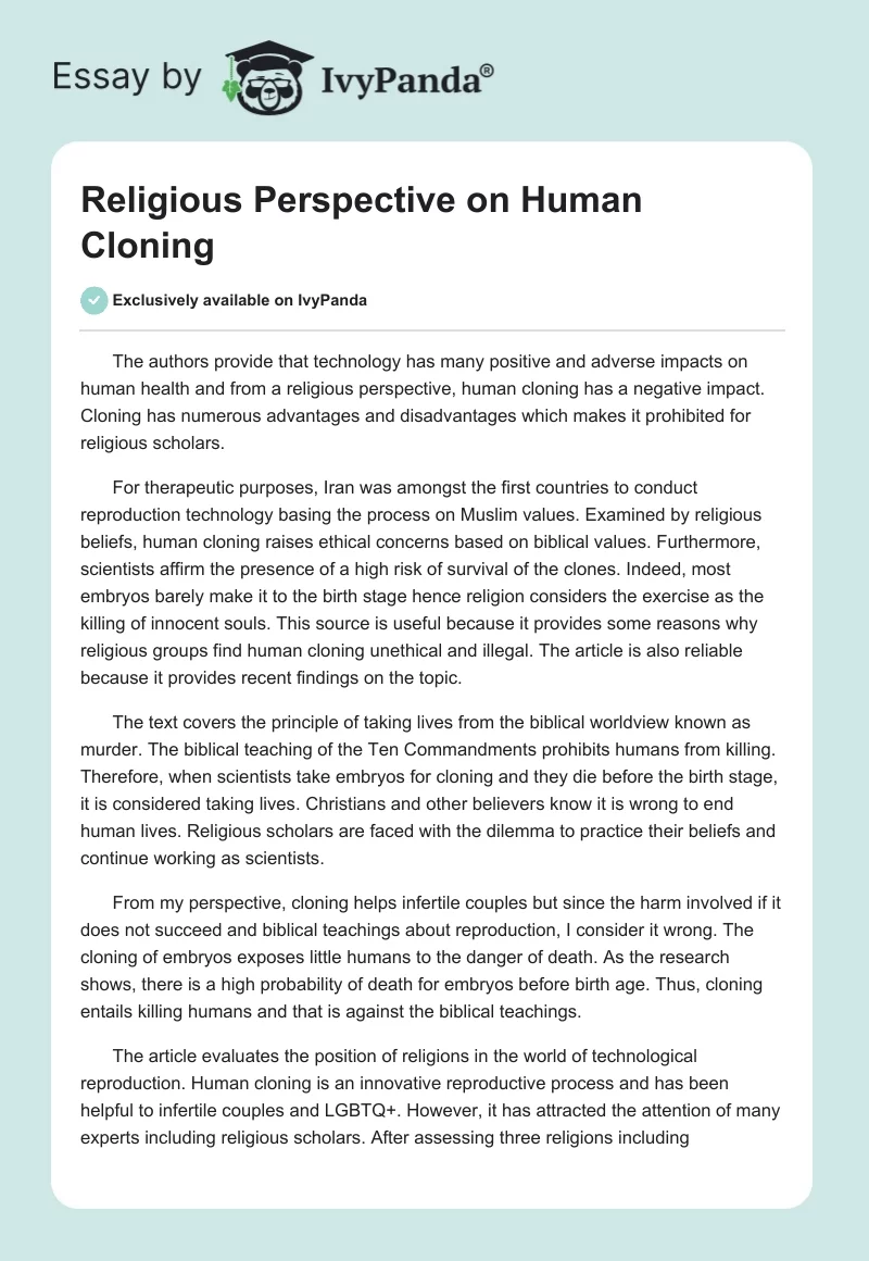 Religious Perspective on Human Cloning. Page 1