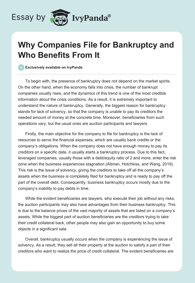 Why Companies File for Bankruptcy and Who Benefits From It. Page 1