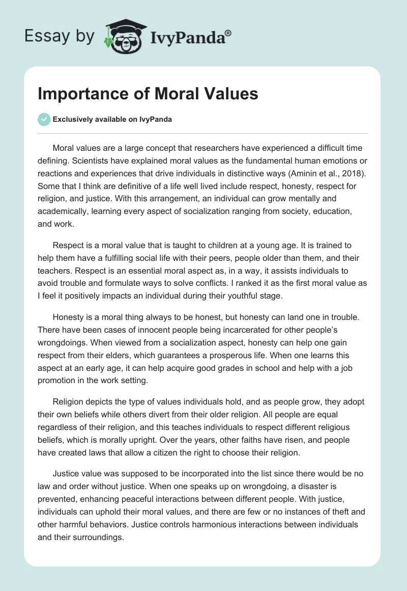 Importance of Moral Values. Page 1