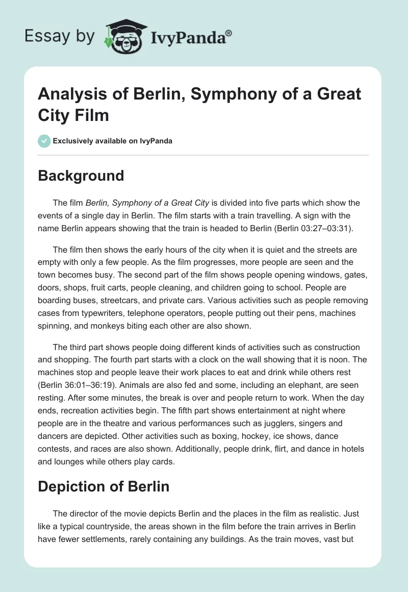 Analysis of "Berlin, Symphony of a Great City" Film. Page 1