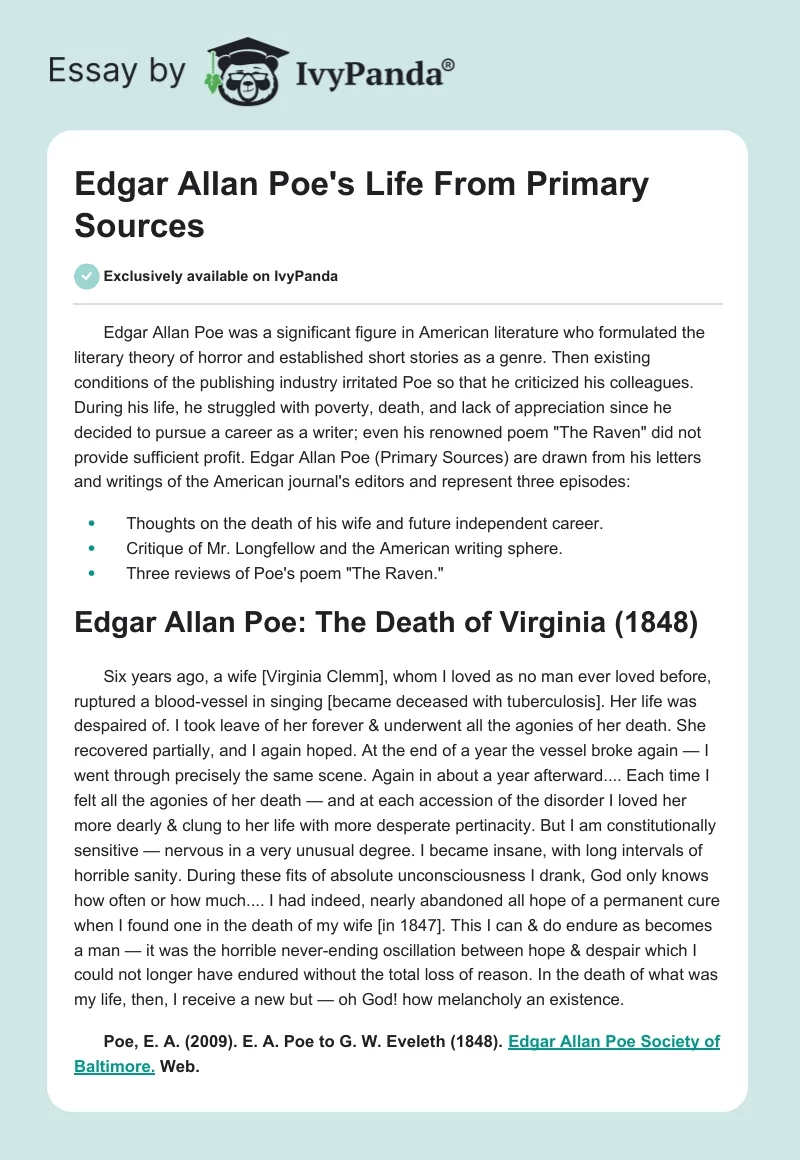 Edgar Allan Poe's Life From Primary Sources. Page 1