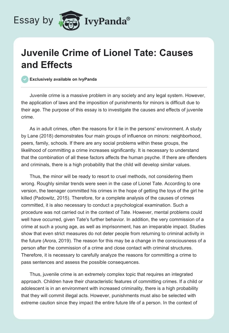 Juvenile Crime of Lionel Tate: Causes and Effects. Page 1