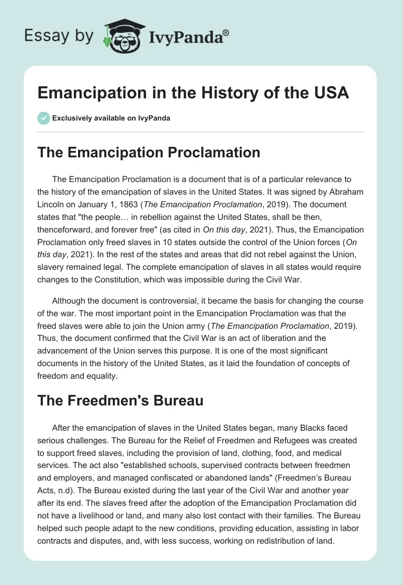 Emancipation in the History of the USA. Page 1