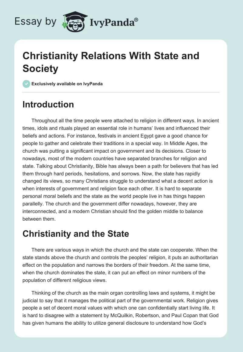 Christianity Relations With State and Society. Page 1