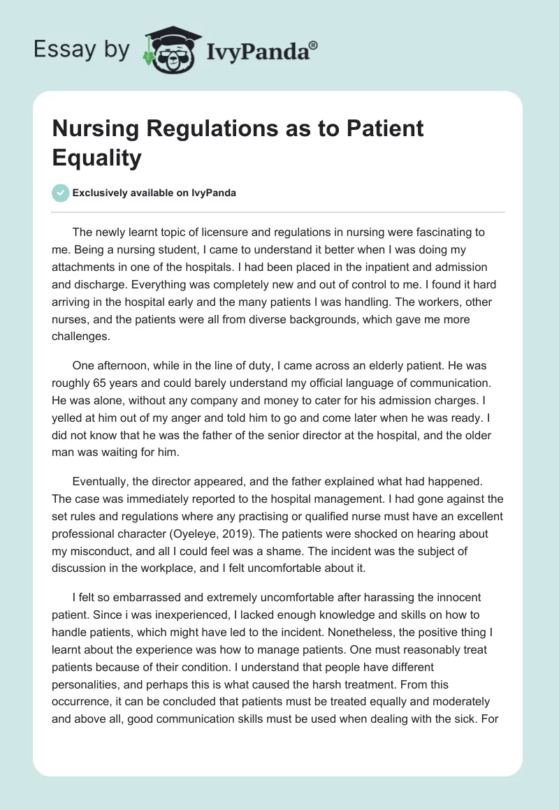 Nursing Regulations as to Patient Equality. Page 1