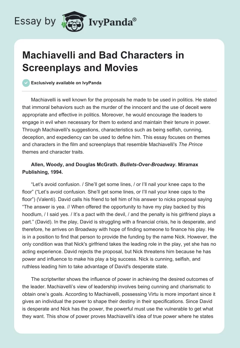 Machiavelli and Bad Characters in Screenplays and Movies. Page 1