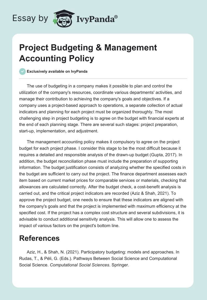 Project Budgeting & Management Accounting Policy. Page 1